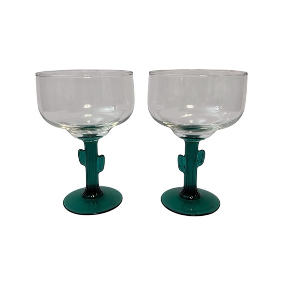 Libbey Cactus Margarita Glasses Set of 2 Green Stem Southwestern Barware - Picture 1 of 3